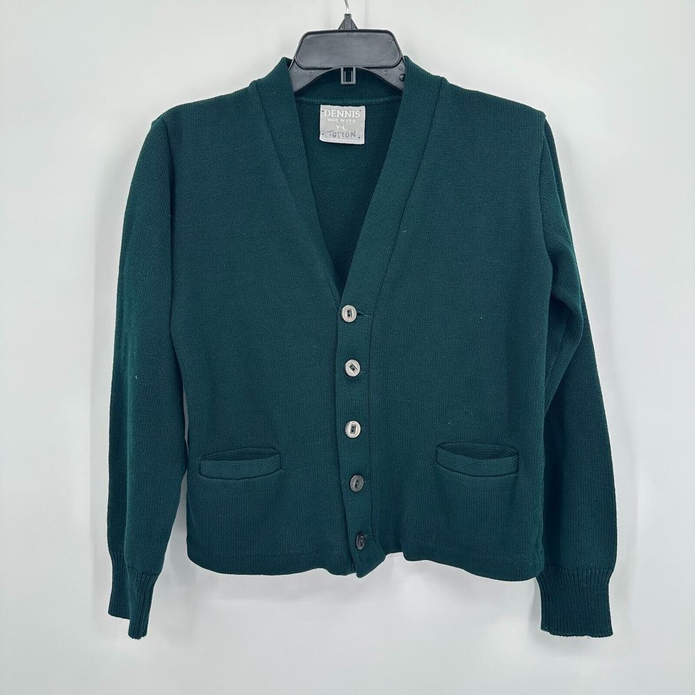 Vintage Dennis Kids Youth Sweater Large Green Cardigan Golf Preppy Winter School